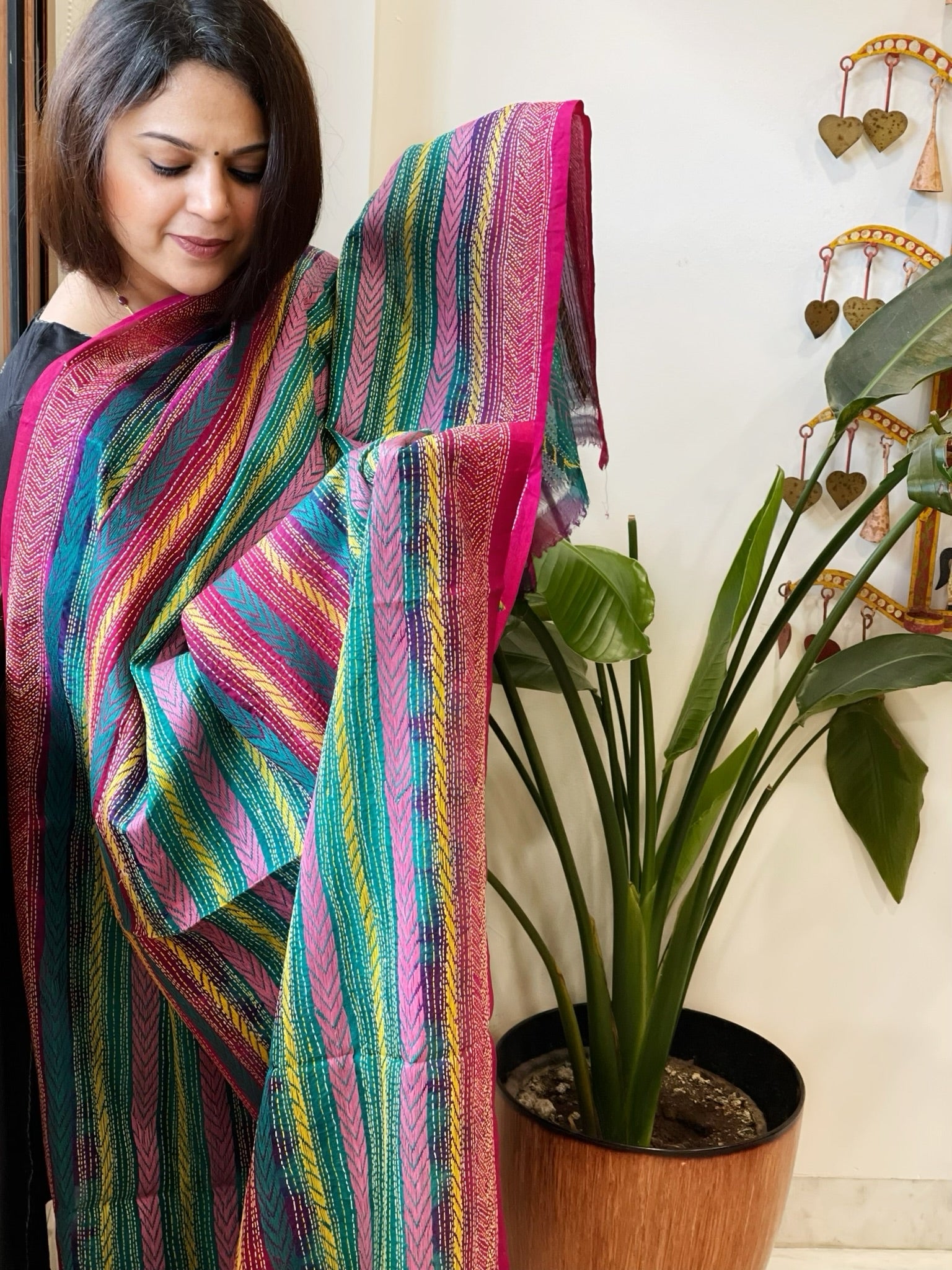 Pink, Green Handmade Kantha Dupatta in Silk - Masakalee