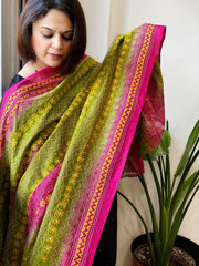 Pink, Green Handmade Kantha Dupatta in Silk - Masakalee