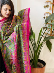 Pink, Green Handmade Kantha Dupatta in Silk - Masakalee