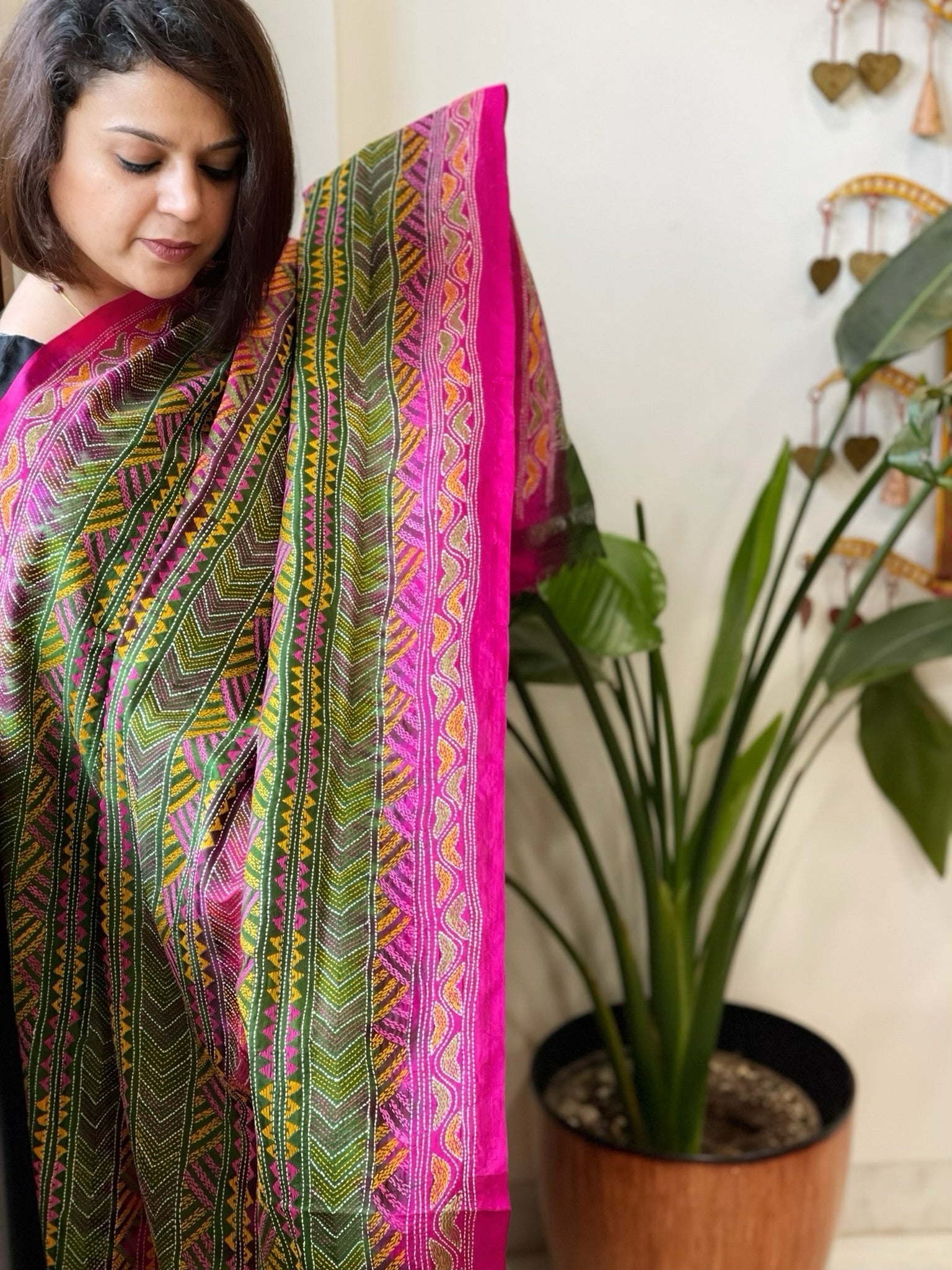 Pink, Green Handmade Kantha Dupatta in Silk - Masakalee