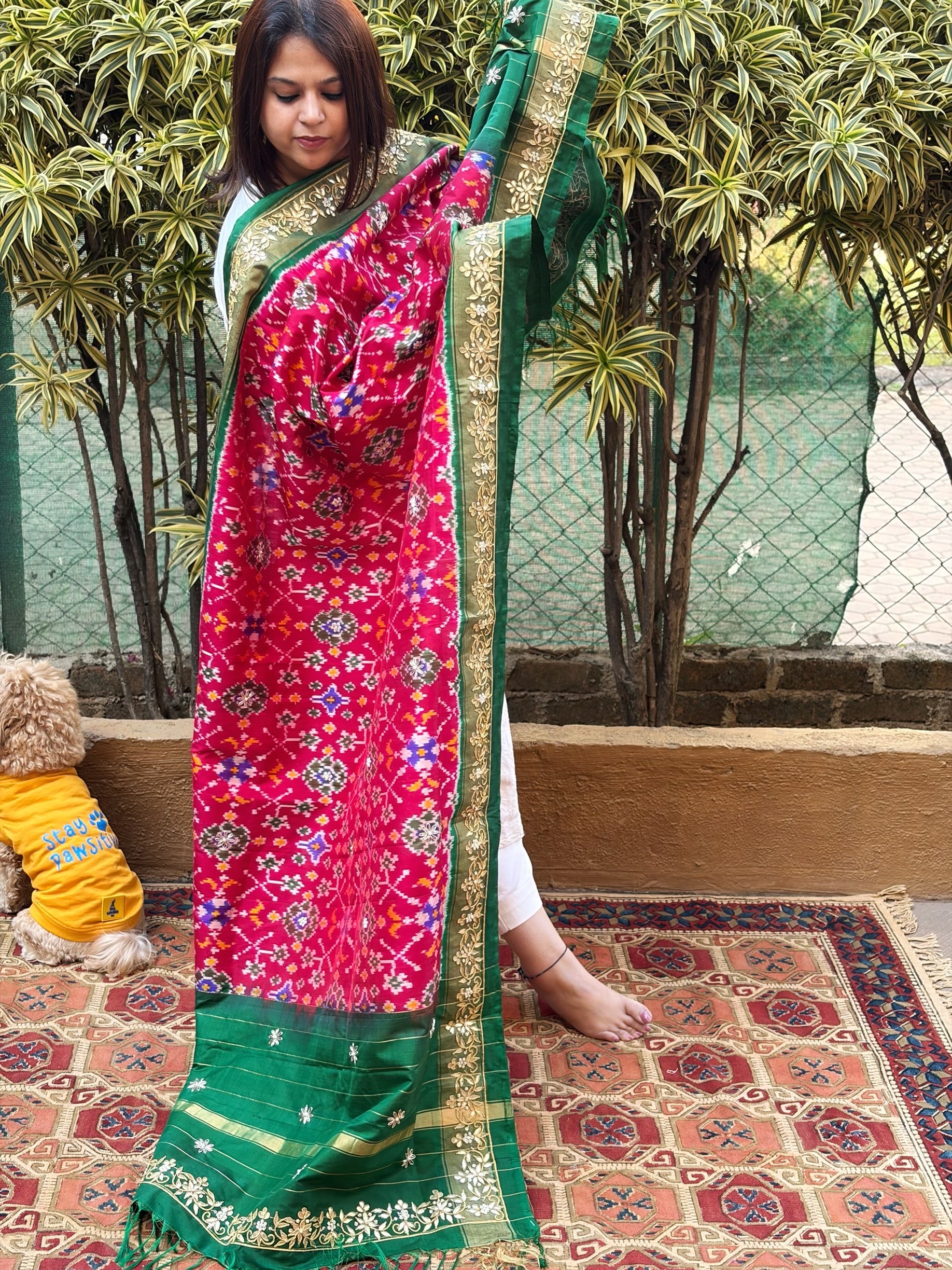 Pink, Green Handwoven Ikat Patola with Gotapatti & Pearl Handwork dupatta in Pure Silk - Masakalee