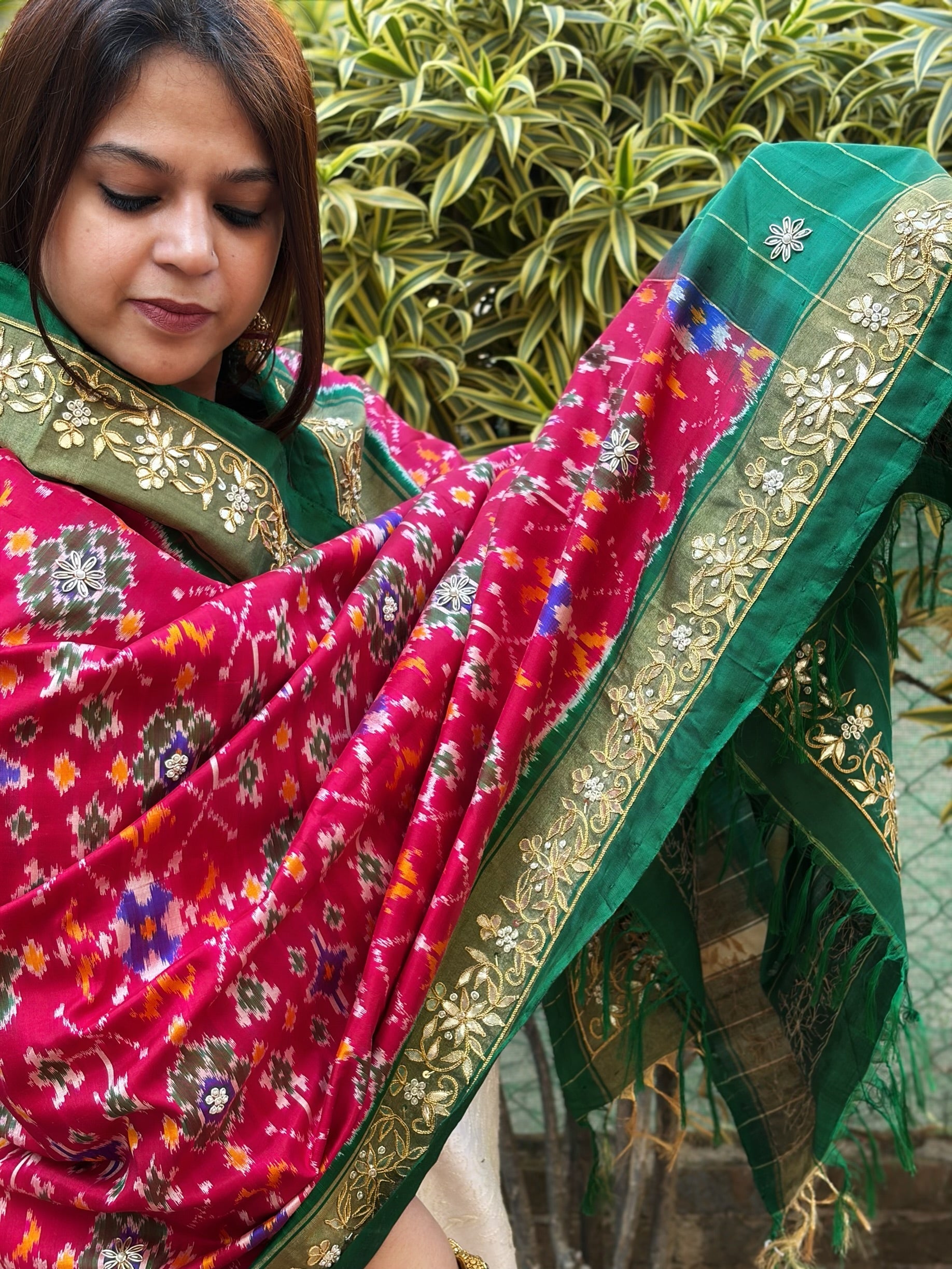 Pink, Green Handwoven Ikat Patola with Gotapatti & Pearl Handwork dupatta in Pure Silk - Masakalee