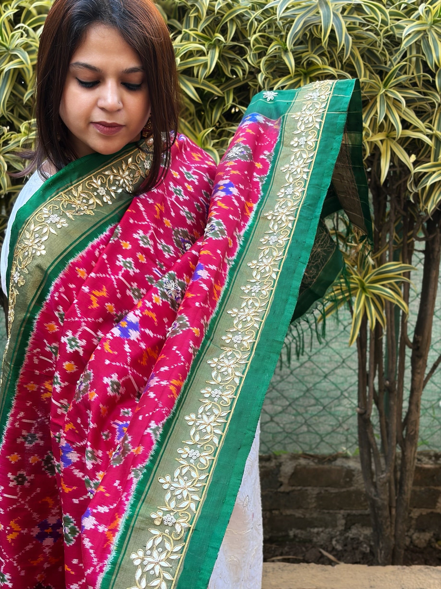 Pink, Green Handwoven Ikat Patola with Gotapatti & Pearl Handwork dupatta in Pure Silk - Masakalee
