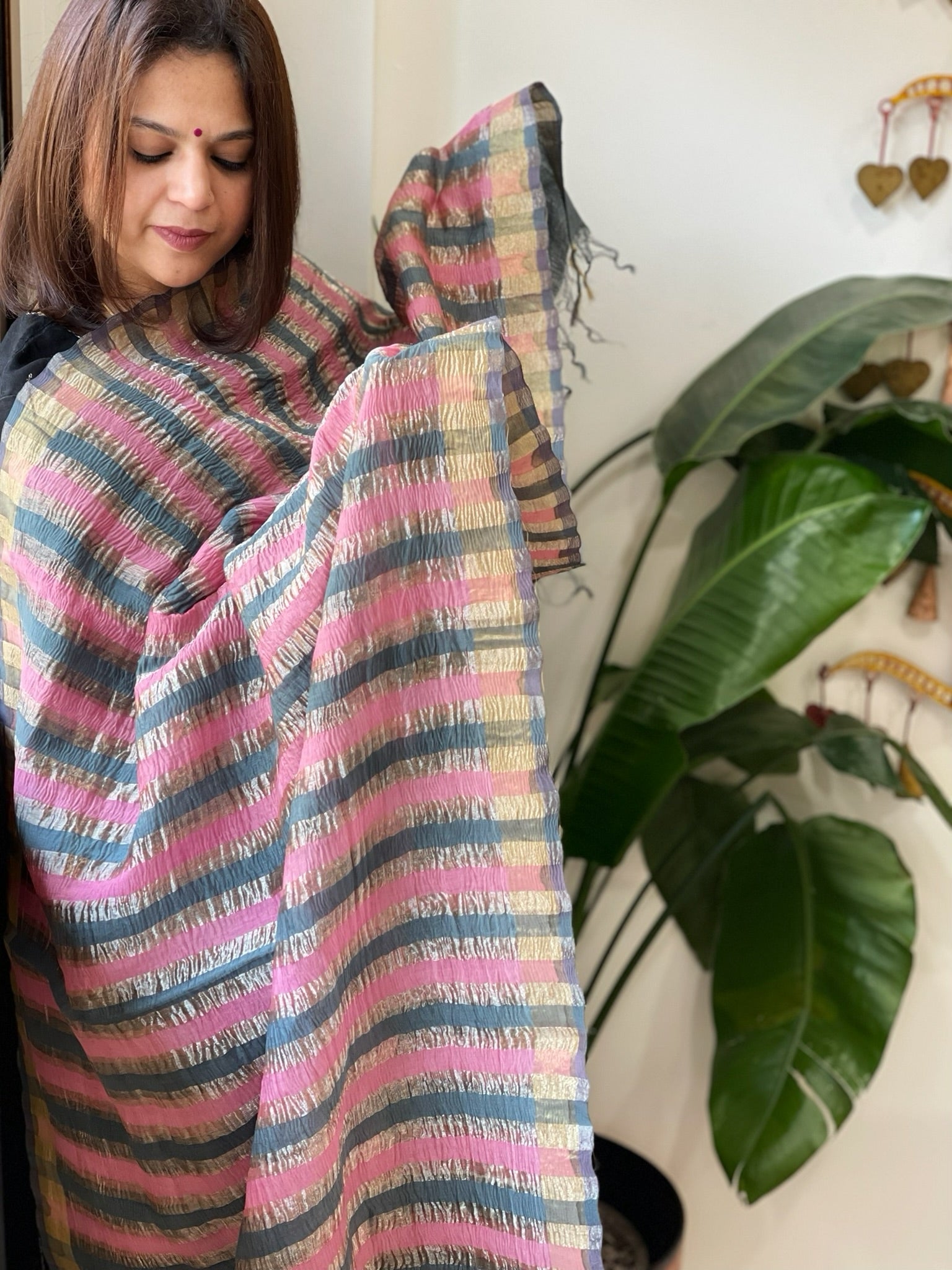 Pink, Grey Handwoven Chanderi Tissue Dupatta - Masakalee