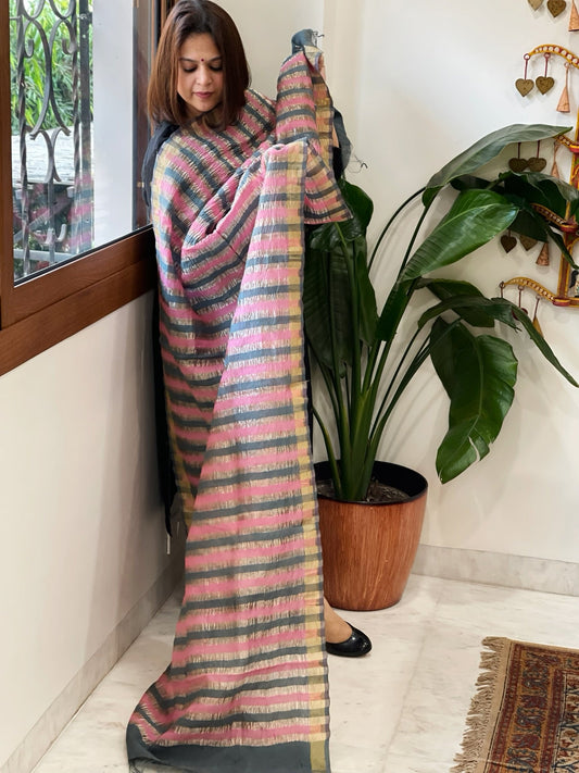 Pink, Grey Handwoven Chanderi Tissue Dupatta - Masakalee