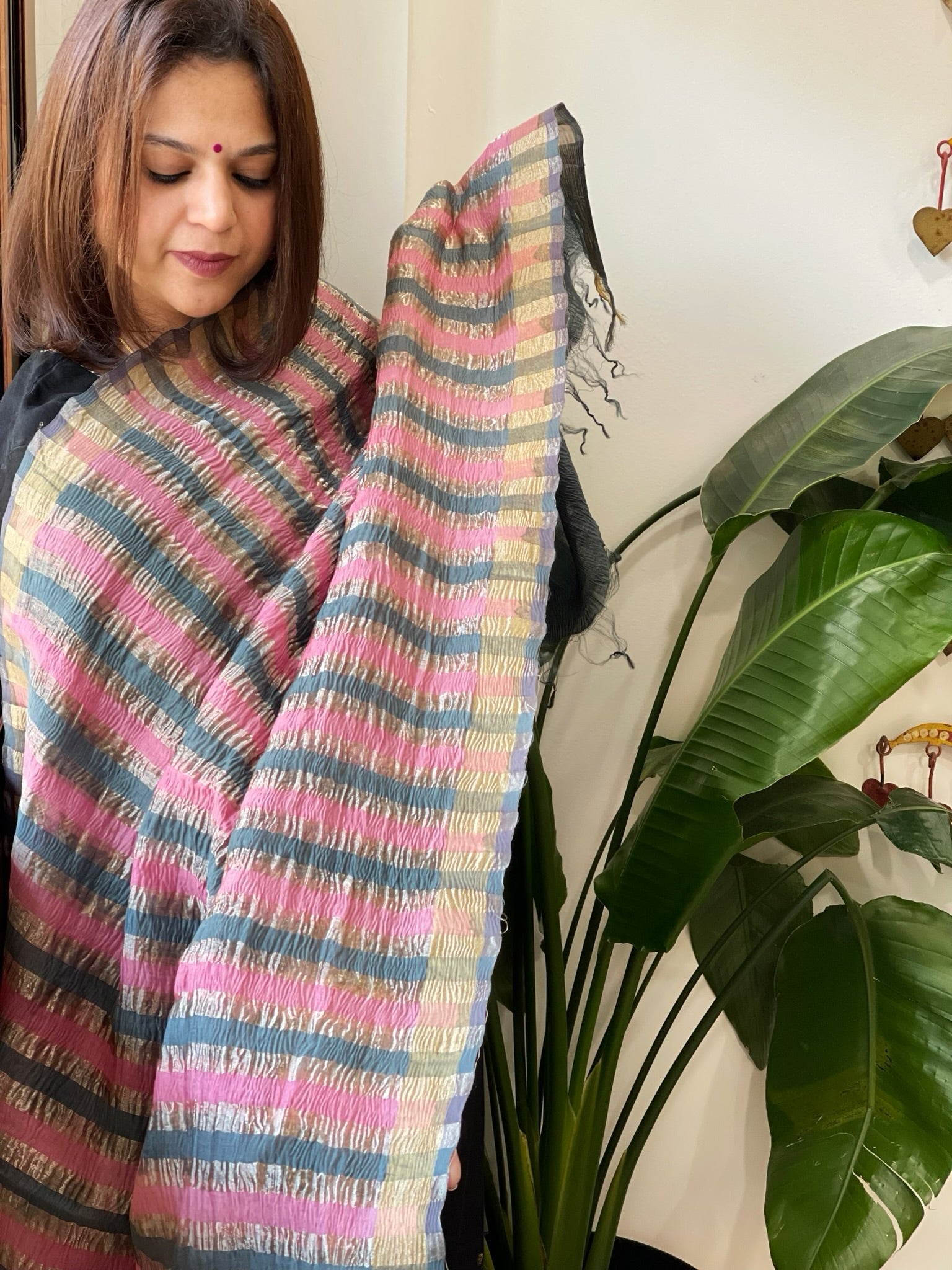 Pink, Grey Handwoven Chanderi Tissue Dupatta - Masakalee