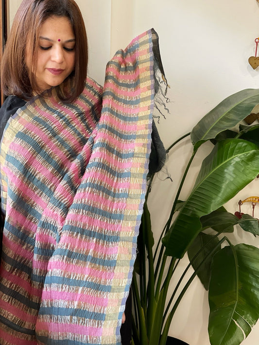 Pink, Grey Handwoven Chanderi Tissue Dupatta - Masakalee