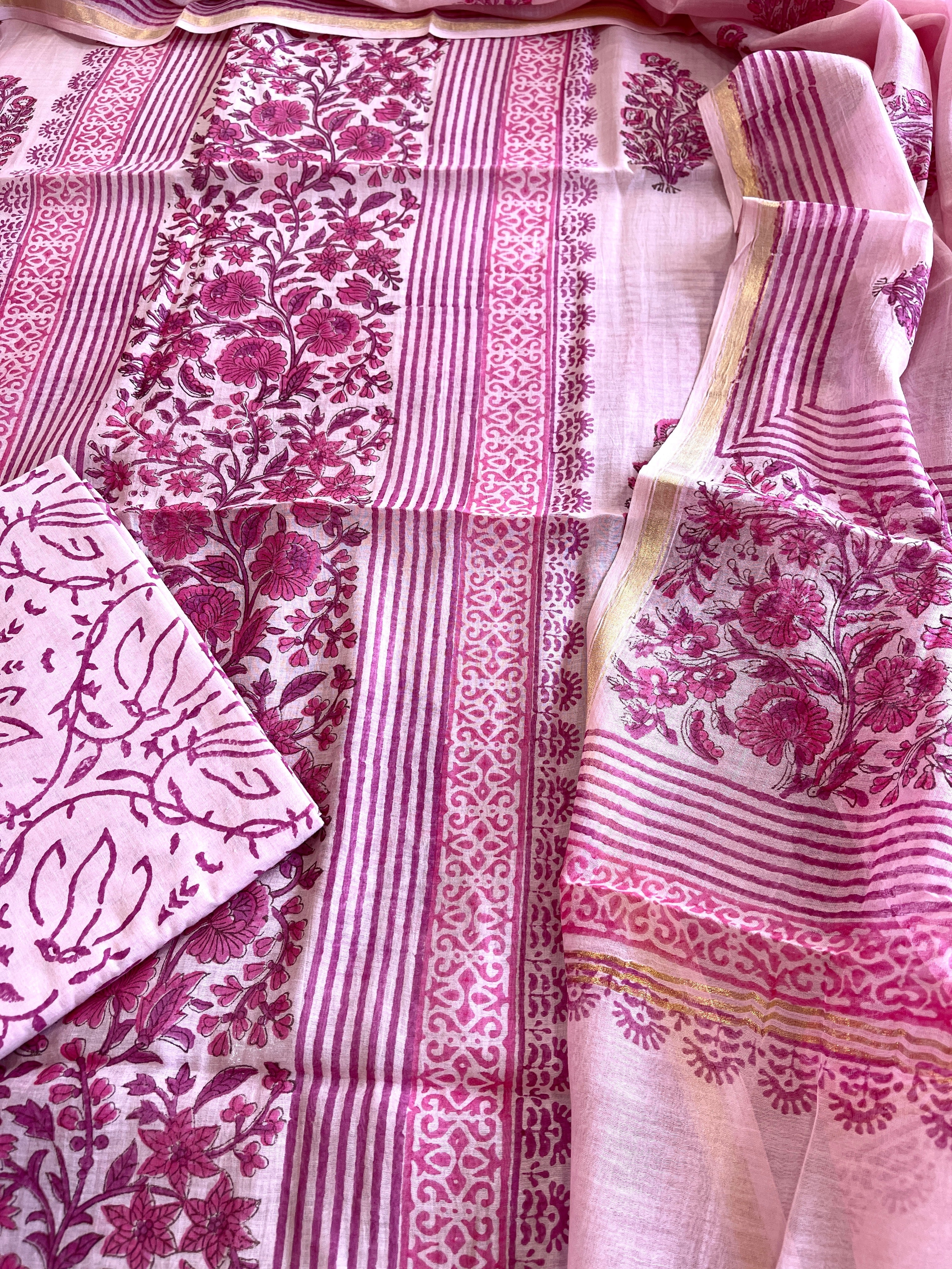 Pink Handblock Printed Suit Set in Mul Cotton - Masakalee