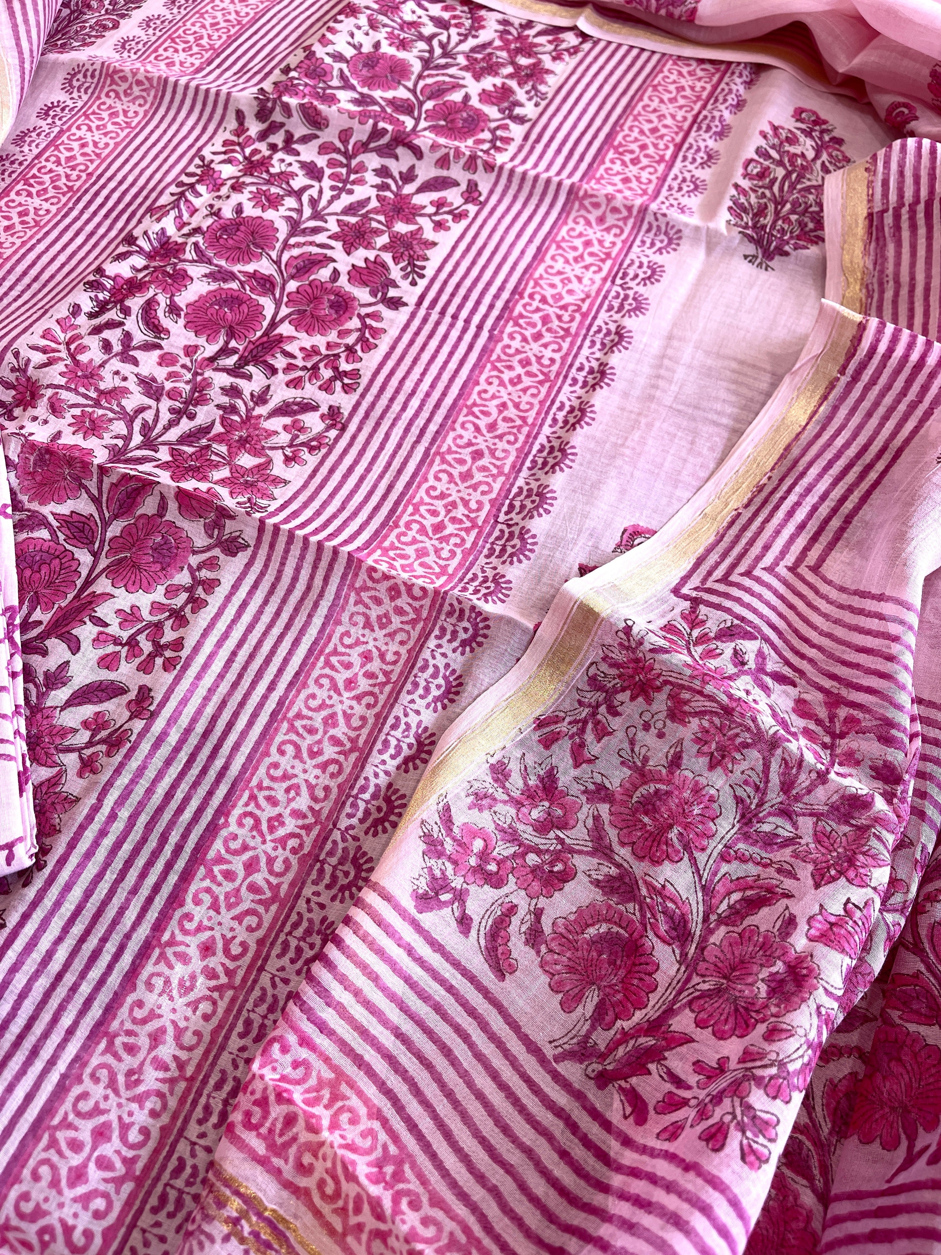 Pink Handblock Printed Suit Set in Mul Cotton - Masakalee