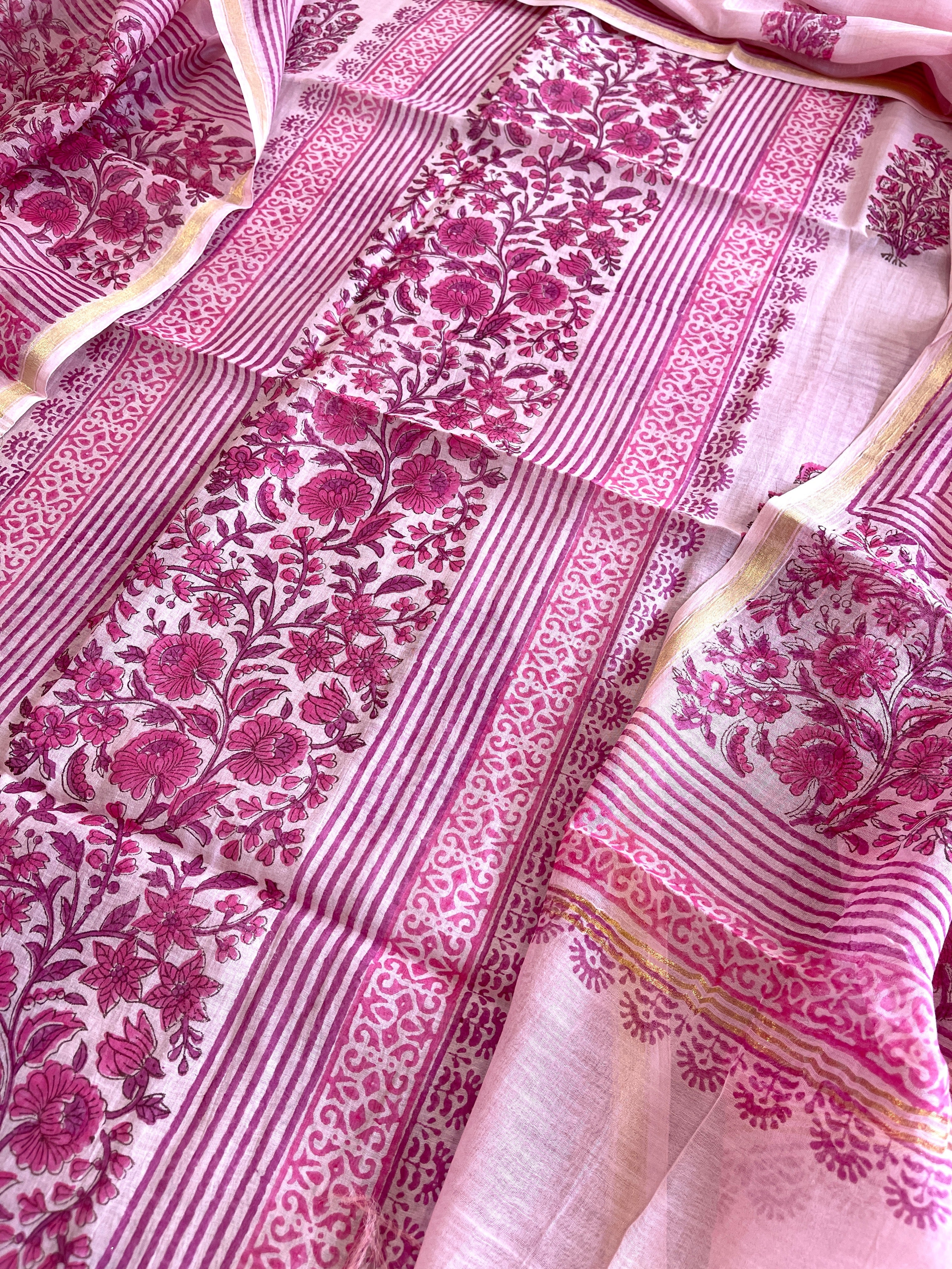 Pink Handblock Printed Suit Set in Mul Cotton - Masakalee