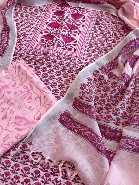 Pink Handblock Printed Suit Set in Pure Linen - Masakalee