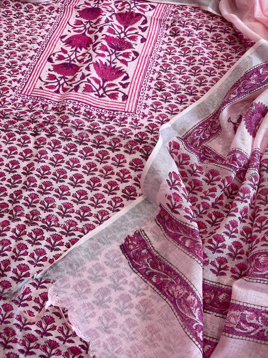 Pink Handblock Printed Suit Set in Pure Linen - Masakalee