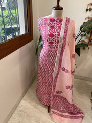 Pink Handblock Printed Suit Set in Pure Linen - Masakalee