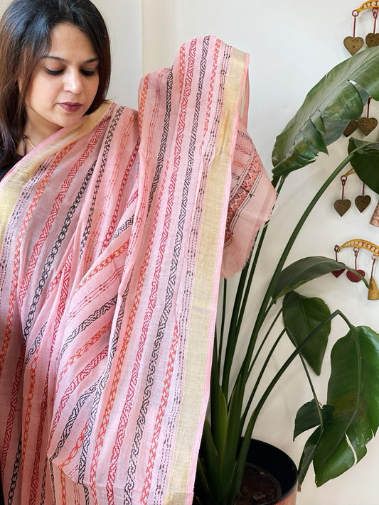 Pink Handmade Kantha Dupatta in Pure Cotton - Masakalee
