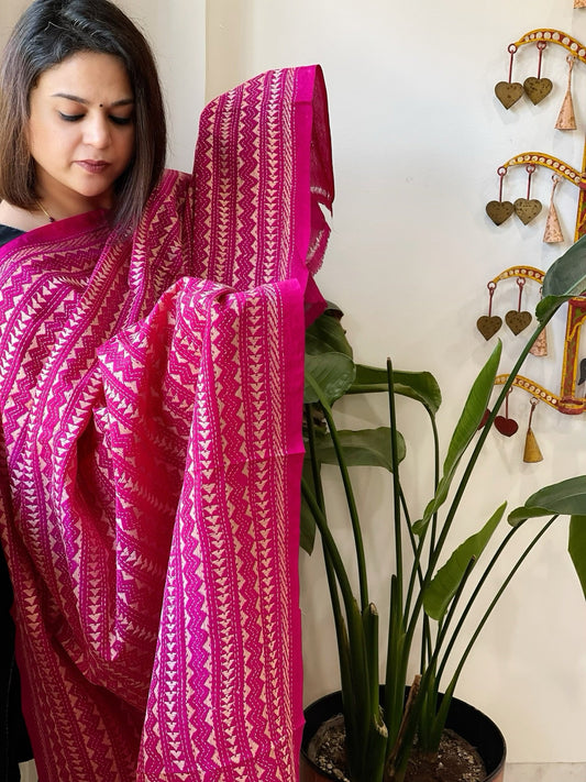 Pink Handmade Kantha Dupatta in Silk - Masakalee