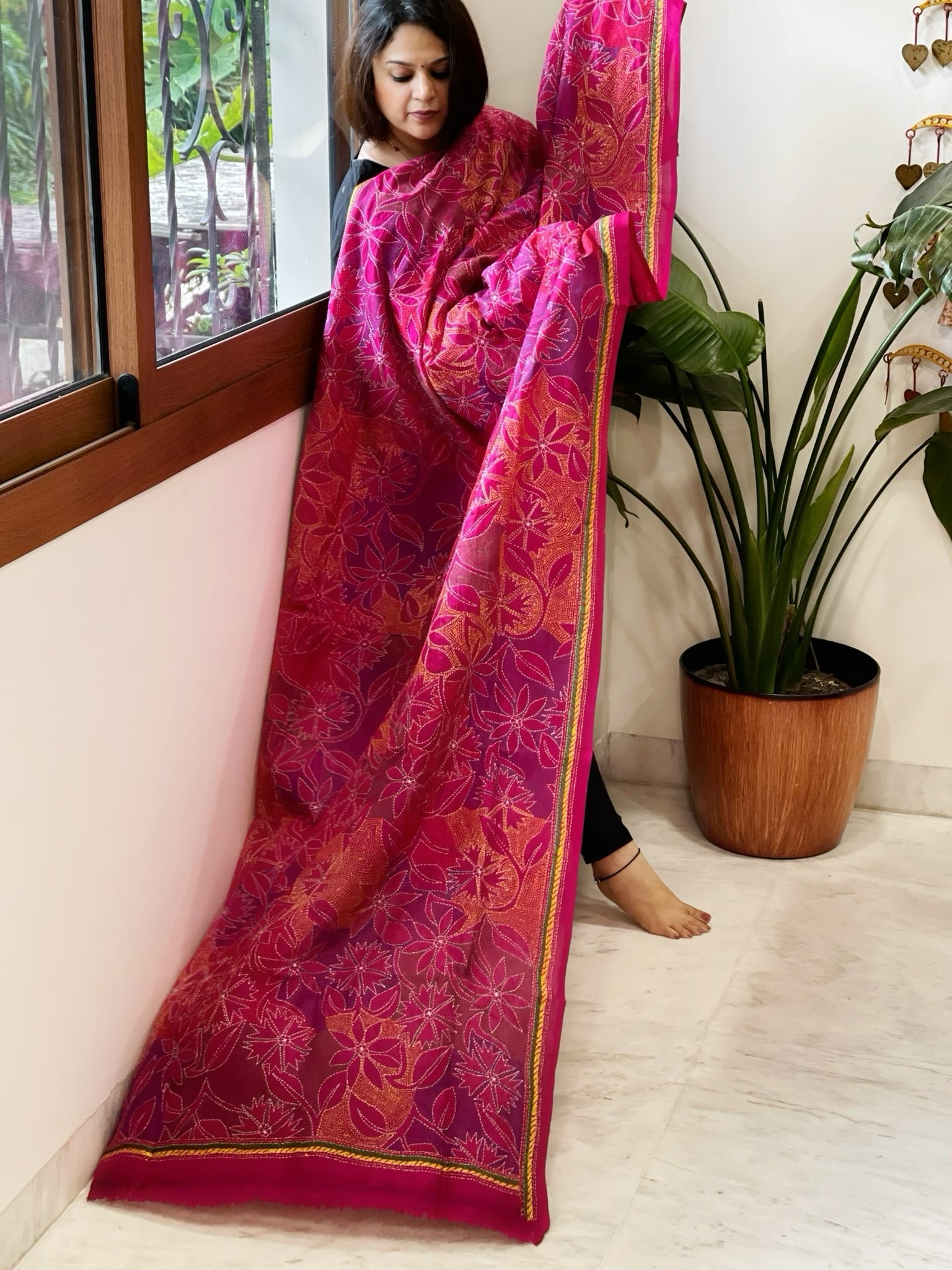 Pink Handmade Reverse Nakshi Kantha Dupatta in Silk - Masakalee