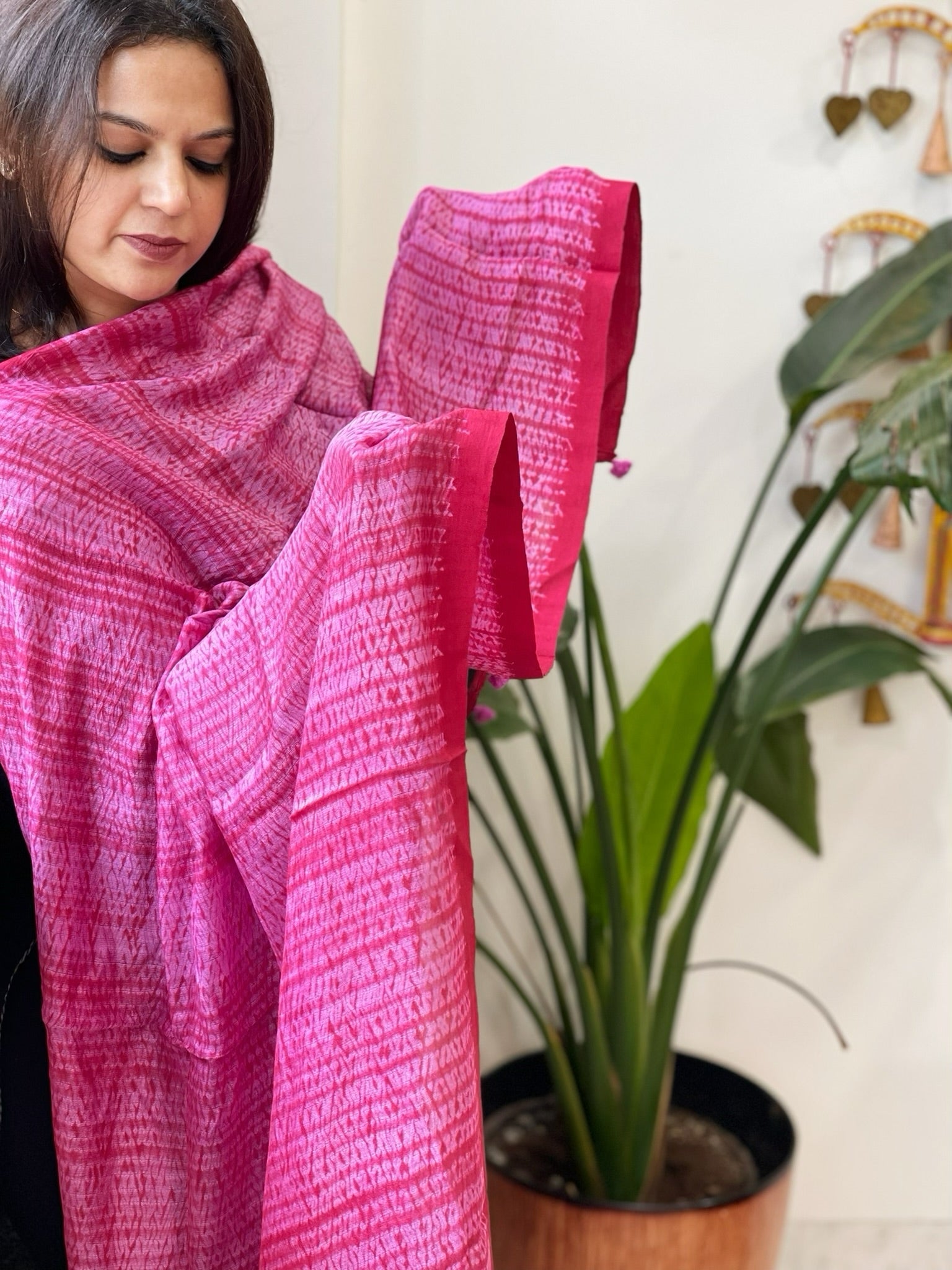 Pink Handmade Shibori Dupatta in Eri (Ahimsa) Silk - Masakalee