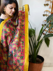 Pink Handpainted Kalamkari Dupatta with Thread & Mirror Handwork in Chanderi Silk - Masakalee