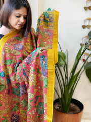Pink Handpainted Kalamkari Dupatta with Thread & Mirror Handwork in Chanderi Silk - Masakalee