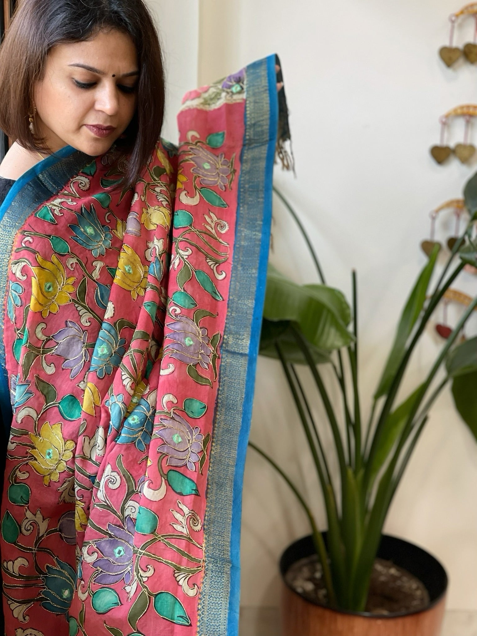Pink Handpainted Kalamkari Dupatta with Thread & Mirror Handwork in Chanderi Silk - Masakalee