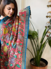 Pink Handpainted Kalamkari Dupatta with Thread & Mirror Handwork in Chanderi Silk - Masakalee
