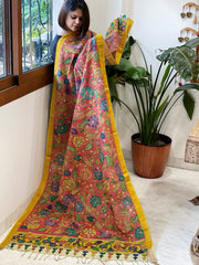 Pink Handpainted Kalamkari Dupatta with Thread & Mirror Handwork in Chanderi Silk - Masakalee