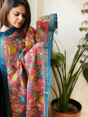Pink Handpainted Kalamkari Dupatta with Thread & Mirror Handwork in Chanderi Silk - Masakalee