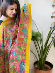 Pink Handpainted Kalamkari Dupatta with Thread & Mirror Handwork in Chanderi Silk - Masakalee