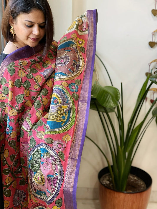 Pink Handpainted Kalamkari Dupatta with Thread & Mirror Handwork in Chanderi Silk - Masakalee