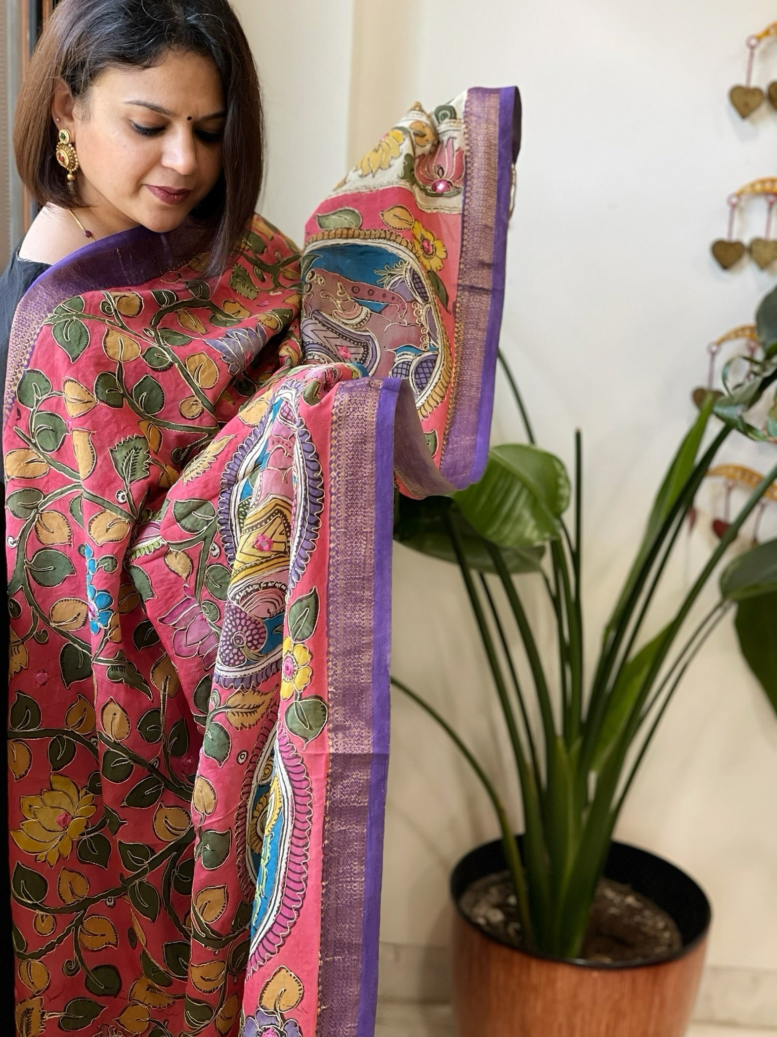 Pink Handpainted Kalamkari Dupatta with Thread & Mirror Handwork in Chanderi Silk - Masakalee