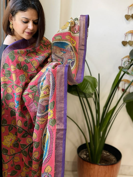 Pink Handpainted Kalamkari Dupatta with Thread & Mirror Handwork in Chanderi Silk - Masakalee