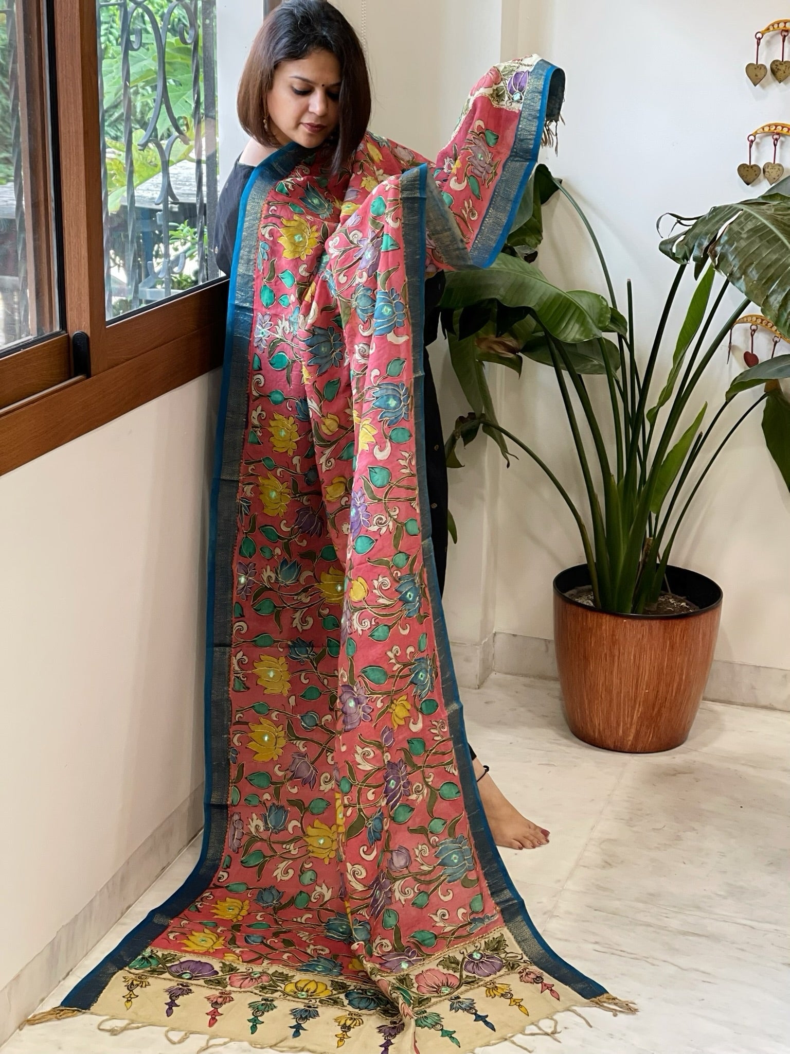 Pink Handpainted Kalamkari Dupatta with Thread & Mirror Handwork in Chanderi Silk - Masakalee