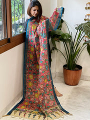 Pink Handpainted Kalamkari Dupatta with Thread & Mirror Handwork in Chanderi Silk - Masakalee