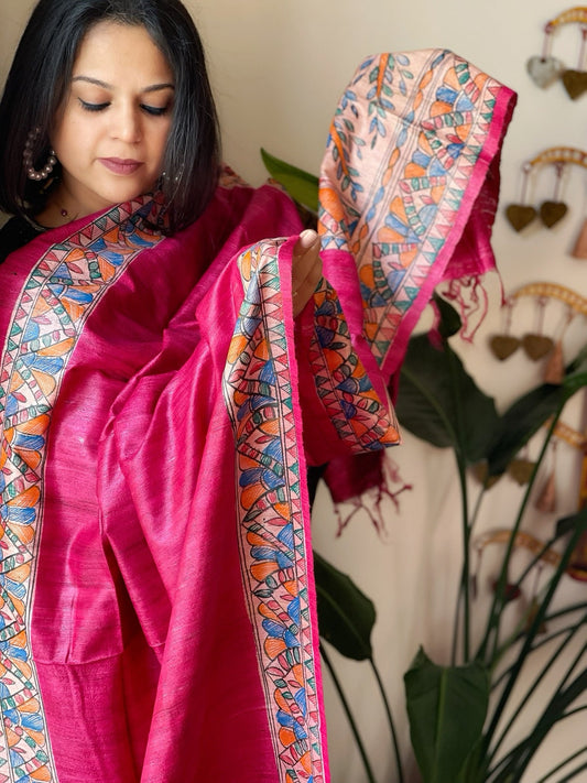 Pink Handpainted Madhubani Dupatta in Pure Tussar Silk - Masakalee