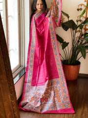 Pink Handpainted Madhubani Dupatta in Pure Tussar Silk - Masakalee