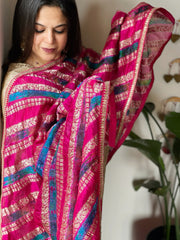 Pink Handwoven Banarasi Dupatta with Multicolor Tie Dye in Pure Crushed Silk - Masakalee