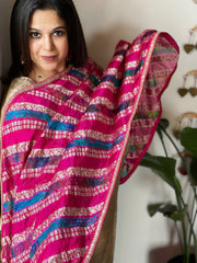 Pink Handwoven Banarasi Dupatta with Multicolor Tie Dye in Pure Crushed Silk - Masakalee