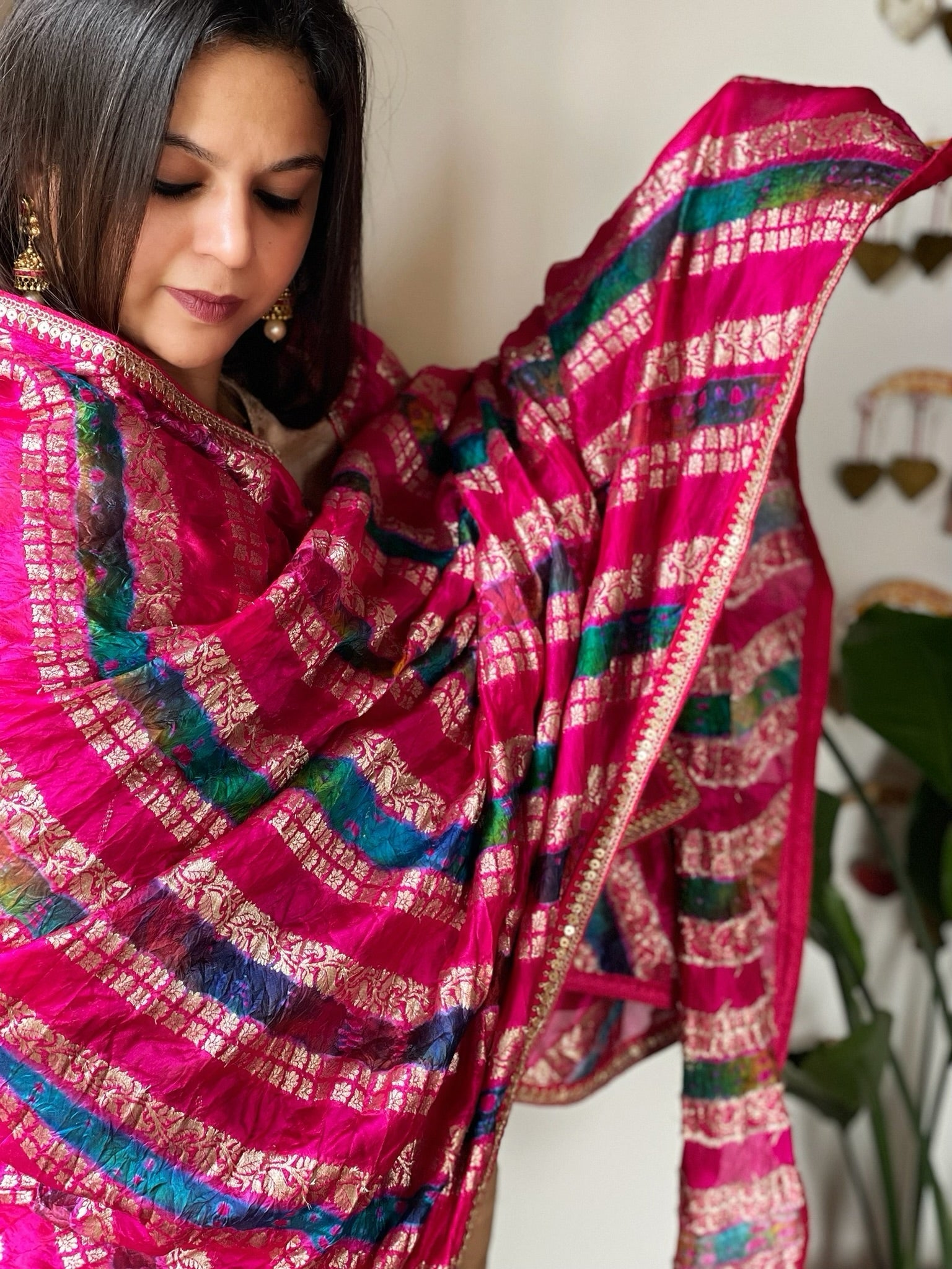 Pink Handwoven Banarasi Dupatta with Multicolor Tie Dye in Pure Crushed Silk - Masakalee