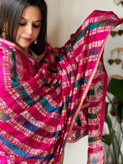 Pink Handwoven Banarasi Dupatta with Multicolor Tie Dye in Pure Crushed Silk - Masakalee