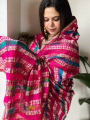 Pink Handwoven Banarasi Dupatta with Multicolor Tie Dye in Pure Crushed Silk - Masakalee