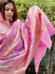 Pink Handwoven Banarasi Rangkhat Dupatta in Pure Katan Silk - Masakalee