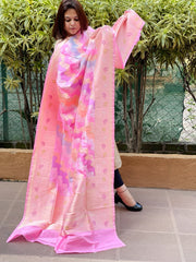 Pink Handwoven Banarasi Rangkhat Dupatta in Pure Katan Silk - Masakalee