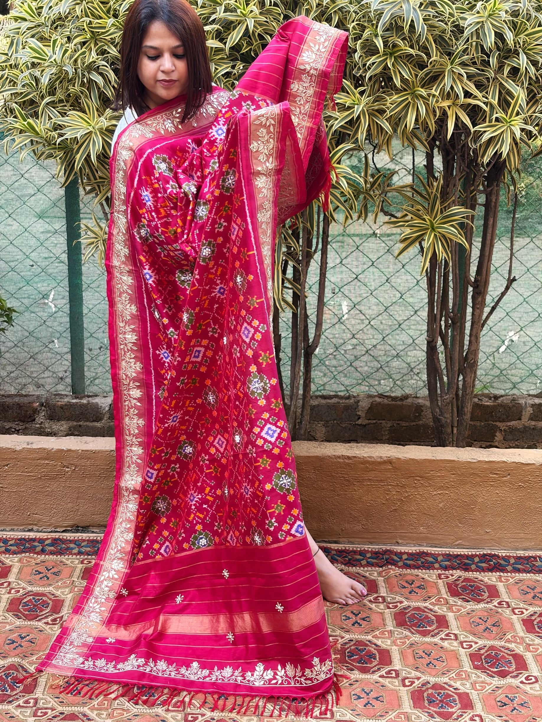 Pink Handwoven Ikat Patola with Gotapatti & Pearl Handwork dupatta in Pure Silk - Masakalee