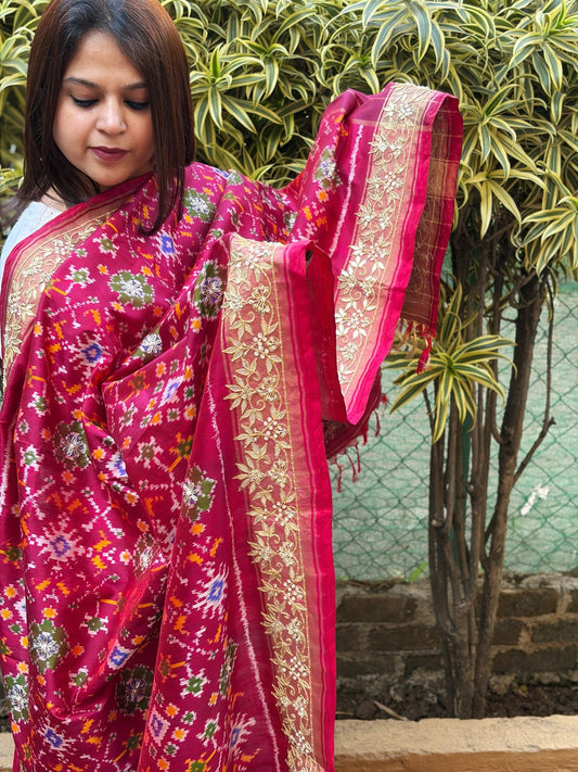Pink Handwoven Ikat Patola with Gotapatti & Pearl Handwork dupatta in Pure Silk - Masakalee