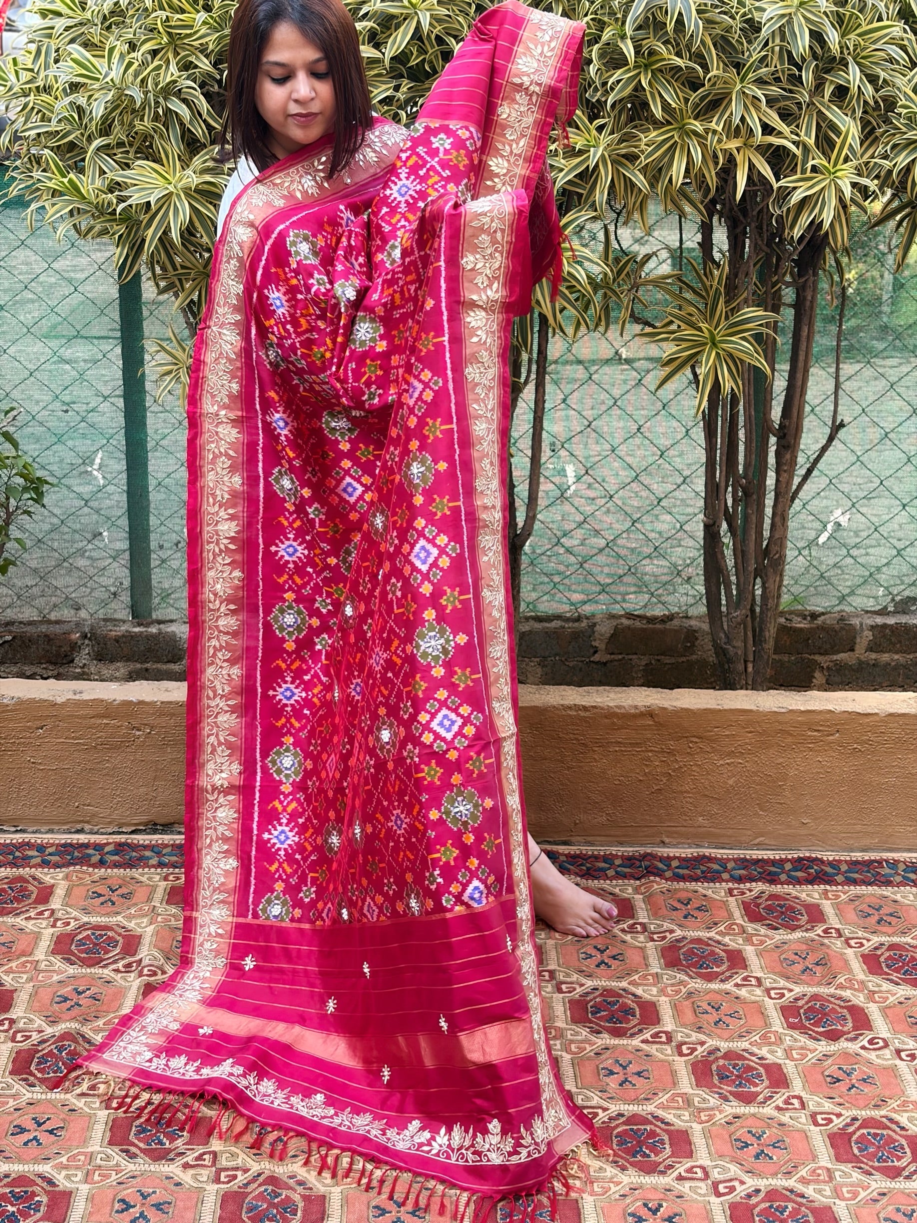 Pink Handwoven Ikat Patola with Gotapatti & Pearl Handwork dupatta in Pure Silk - Masakalee