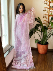 Pink Handwoven Jamdani Dupatta in Pure Muslin - Masakalee