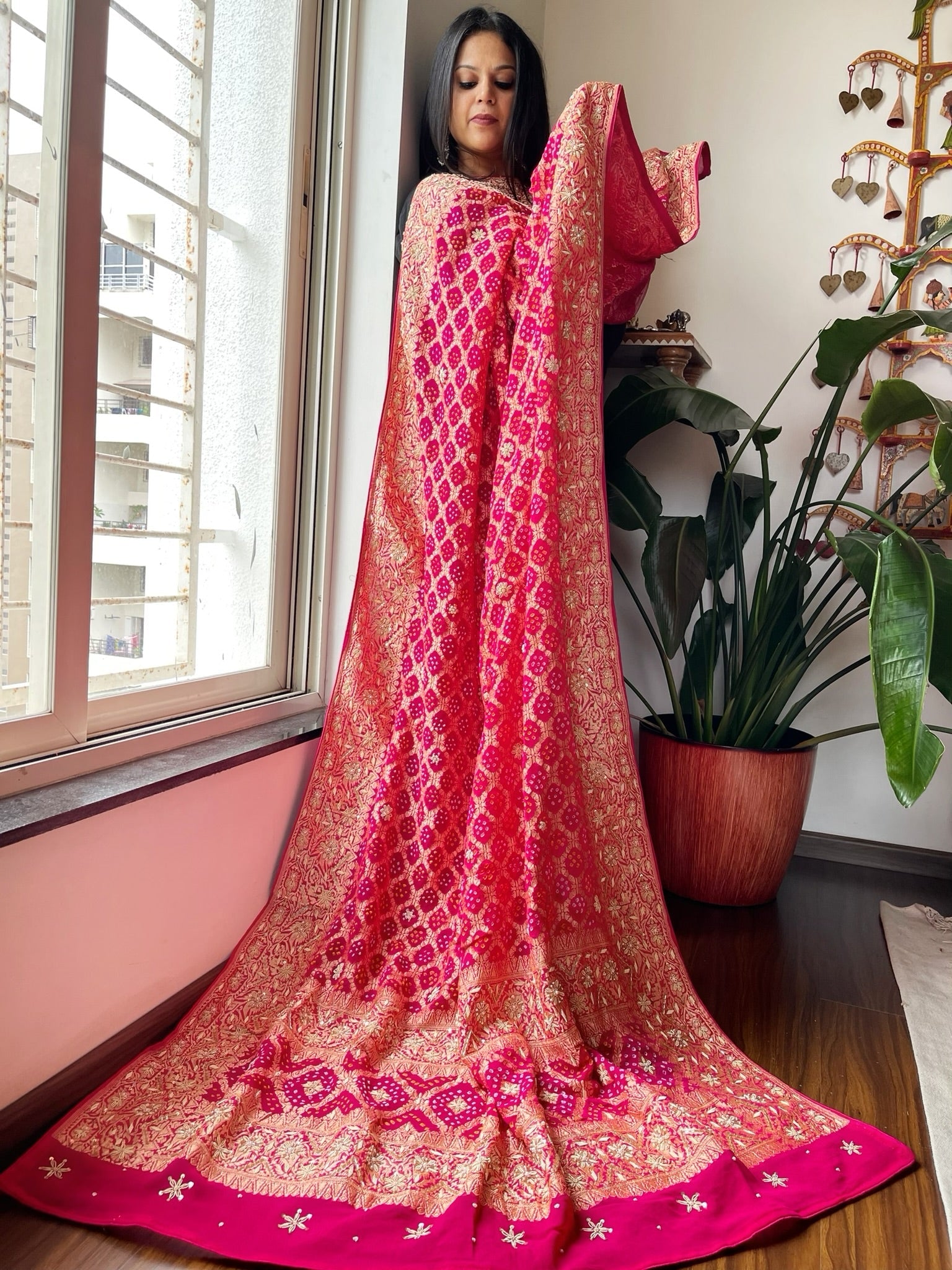 Pink Handwoven NeemZari Bareek Bandhani with Dabka Handwork in Pure Georgette - Masakalee