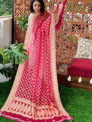 Pink Handwoven NeemZari Bareek Bandhani with Gotapatti Handwork in Pure Georgette - Masakalee