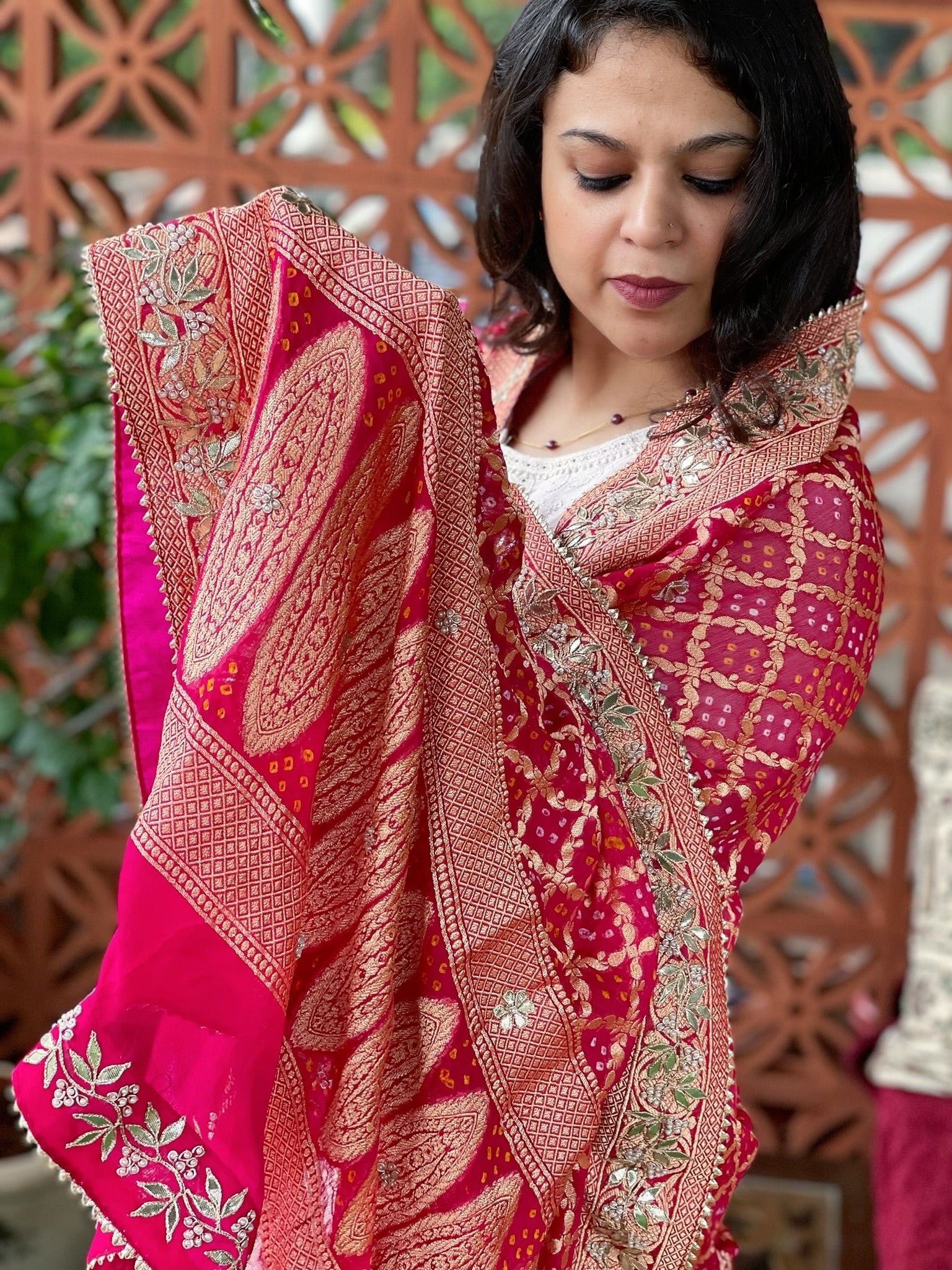 Pink Handwoven NeemZari Bareek Bandhani with Gotapatti Handwork in Pure Georgette - Masakalee