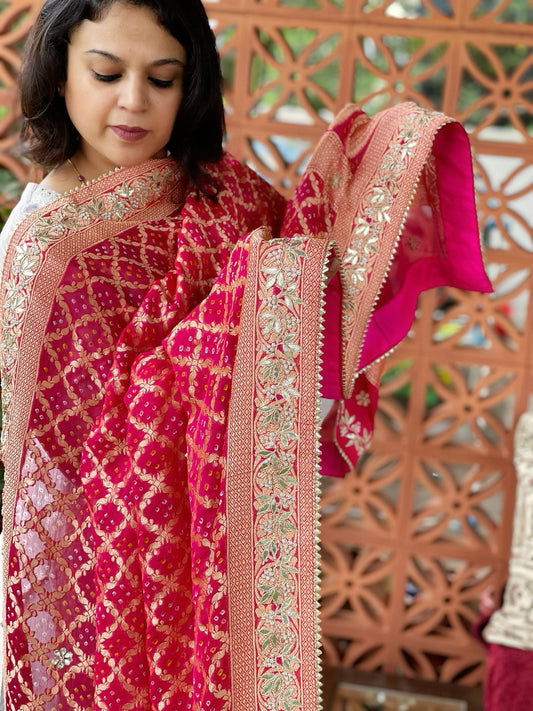 Pink Handwoven NeemZari Bareek Bandhani with Gotapatti Handwork in Pure Georgette - Masakalee